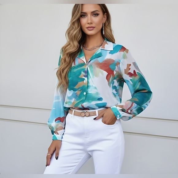 Graphic Patterned Button-Down Blouse - Picture 1 of 9